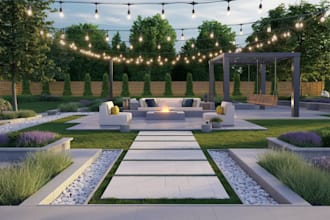 do 3d landscape design of backyard, front yard, patio, pool, garden render