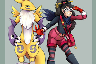 draw you or your character with a pokemon or digimon