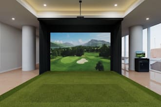 renovate 3d modern goif course,golf house,showroom, golf simulator,cgi rendering