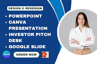 powerpoint presentation design, investor pitch desk, canva and google slides