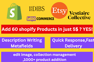 do shopify product listing,edit image,title,menu,data entry