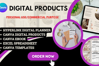 design hyperlink planner, etsy digital products, canva ebook, excel spreadsheet