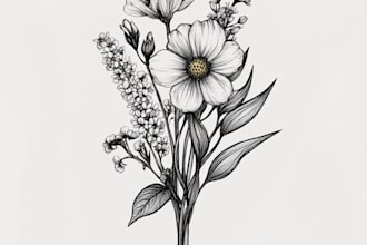 draw botanical illustrations of flowers, plants, line art