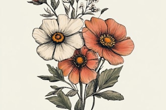 paint watercolor botanical illustration of flowers, plants, fruits