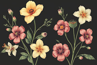 draw a botanical illustration of flowers, plants
