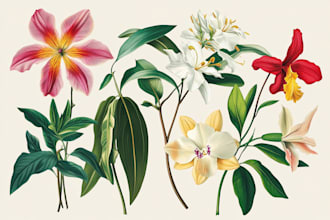 draw botanical illustrations of flowers, plants, fruits