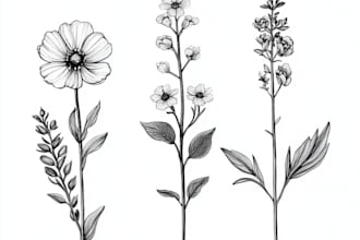 draw botanical illustrations of flowers, plants, line art