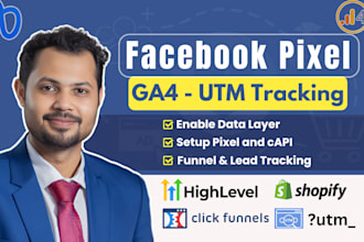 setup facebook pixel, utm tracking, for shopify, click funnel and go high level