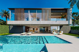 luxury beach villa remodel, hd render, vacation home, pool patio, concrete house