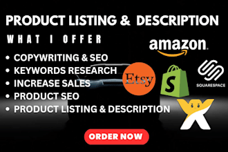 write shopify etsy ebay squarespace amazon products description and listings