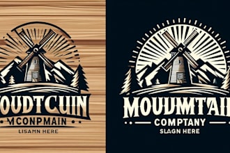 design professional woodcut mountain windmill  logo  within 12 hours