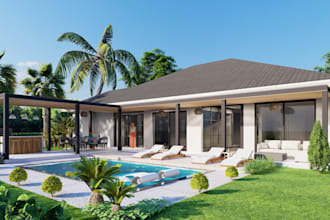 render outdoor home space, garden pool, hardscape design, play structures, v ray