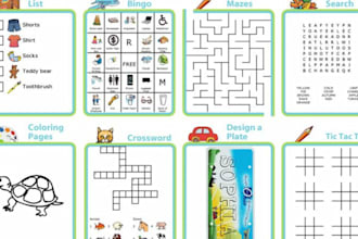 kdp kids worksheet  puzzle book  word search, math, coloring, activities