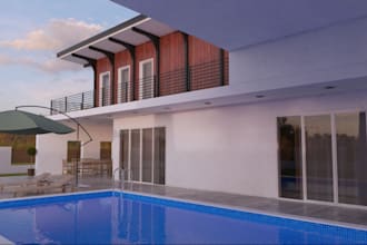 design realistic 3d pool patio, backyard, garden, into a stunning exterior
