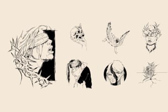 create unique black and white hand drawn illustrations
