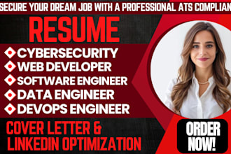 write cybersecurity, web developer, software, data,  devops engineer resume