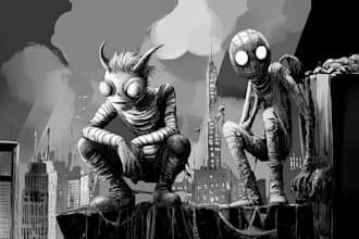 draw illustrations in black and white, characters object art