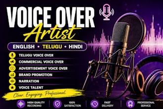 record professional voiceovers in telugu, english, and hindi