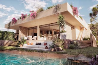renew 3d exterior villa house,lagoon village house,front facade,interior render