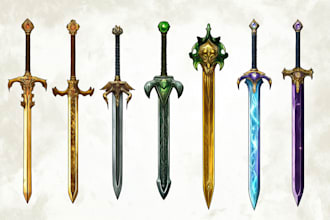 create detailed 2d weapons with an epic style