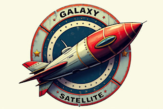 do galaxy satellite rocket radar spaceship vintage retro badge logo