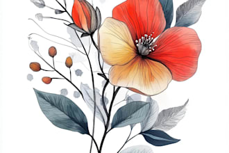 drawn a highly detailed line art botanical illustration