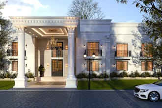 high quality 3d villa exterior,interior render,cgi facade, outdoor space render