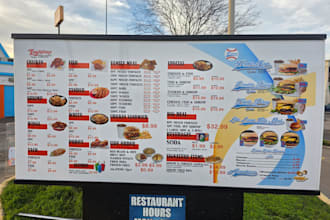design restaurant menu, drive thru menu, static TV screen menu and pricelist