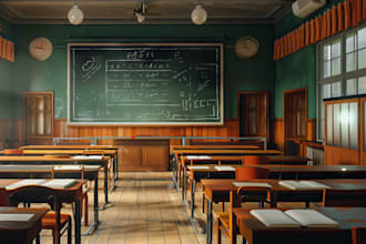 rebuild 3d school exterior environment, 3d clasroom furniture, library rendering