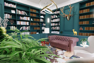 home library,office interior,rendering,bookcase,lamp,shelf,houdini 3d rendering