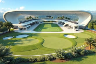 renovate 3d modern goif course sport arena render 8k golf simulator landscape