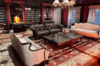 cozy victorian livingroom render,fireplace,antique furniture,3ds max,marble wall