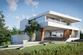 renew 3d villa exterior, render landscape, outdoor furniture, courtyard, archviz