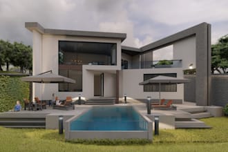 3d modern house beach,landscape design,swimming pool,courtyard,terrace rendering