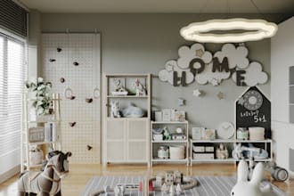 optimize 3d interior rendering, teenager room, baby wardrobe, kid play room, cgi