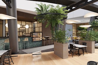 modern workshop restaurant,pergola yard garden, ice cream render, lobby entrance