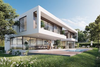 renovate 3d apartment interior, residential exterior, pool video, garden render