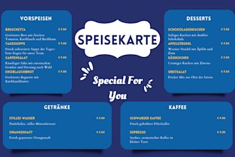 design custom bucketie menus for german restaurants, bars, spas, and salons