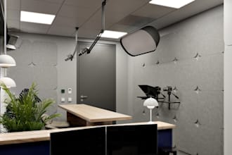 render 3d podcast room,stage design,2d floor plan, interior design, office space