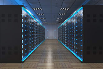 cgi 3d photorealistic ai data center, server room, storage room and warehouse