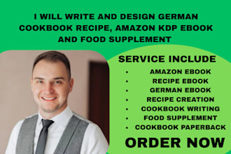 write and design german cookbook recipe, amazon KDP ebook and food supplement
