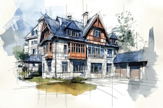 draw architectural sketches of buildings and houses