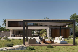 renew minimalist villa exterior,house terrace,garden,gazebo,brick wall,8k render