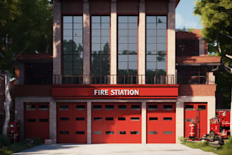 buildup 3d commercial buidling, garage,fire station,landscape render,road track