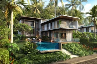 renew 3d tropical villa, luxury design,facade exterior,pool patio, balcony decor