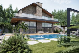 renew 3d modern villa, facade exterior, pool patio,courtyard decor,cgi rendering