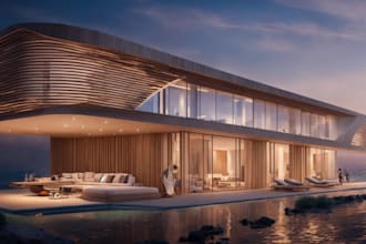 design 3d boat house, beach house,dock house,floating villa,beach house interior
