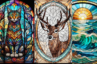 draw custom stained glass art for fantasy characters, books, decor, story, cards