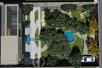 redesign 3d garden landscape, isometric plan,building exterior,patio,pool render