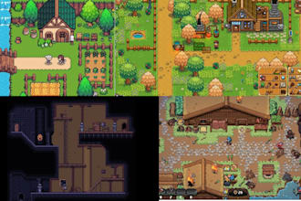 do top down pixel art tileset, game assets, rpg game art, tile map, sprite sheet